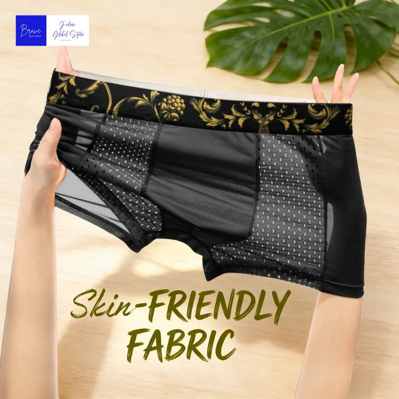 Herren Eisseide Boxershorts mit Goldblumenmuster am Bund, Atmungsaktive Unterwäsche, Schnelltrocknende Hautfreundliche Sport-Unterhose in Übergröße für den Sommer