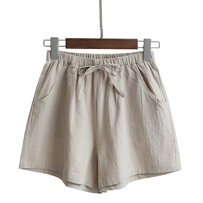 Damen Baumwoll-Leinen-Shorts 2026 – Neue Sommer High-Waist Freizeit-Sportshorts für Damen, einfarbig mit Taschen, lockere Strand-Shorts