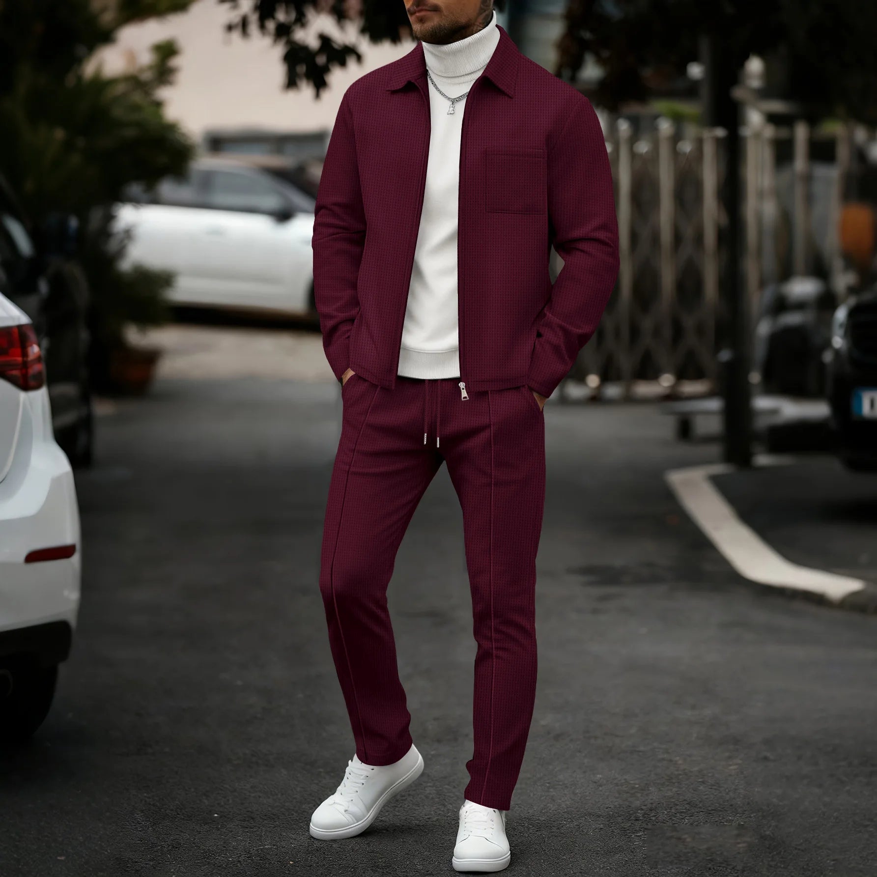 2026 Neue Herren Frühling-Herbst Karierte Strickjacke mit Reißverschlusskragen und Hosen-Set (mit Taschen)