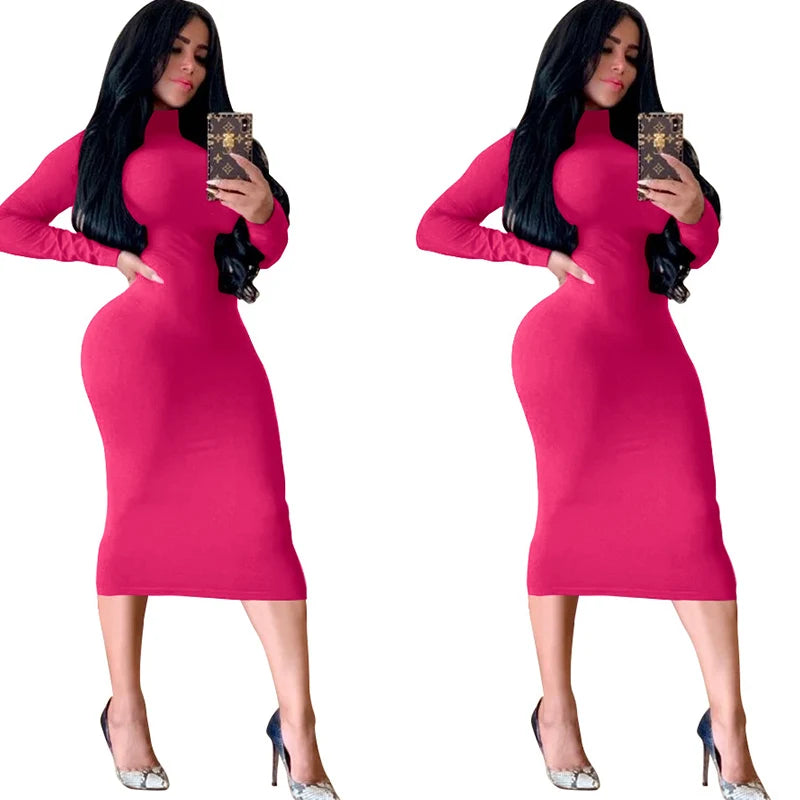 Winter Schwarz Rollkragen Sexy Frauen Kleid Herbst Langarm Dünne Midi Boydcon Casual Blau Plüsch Knie-Länge Party