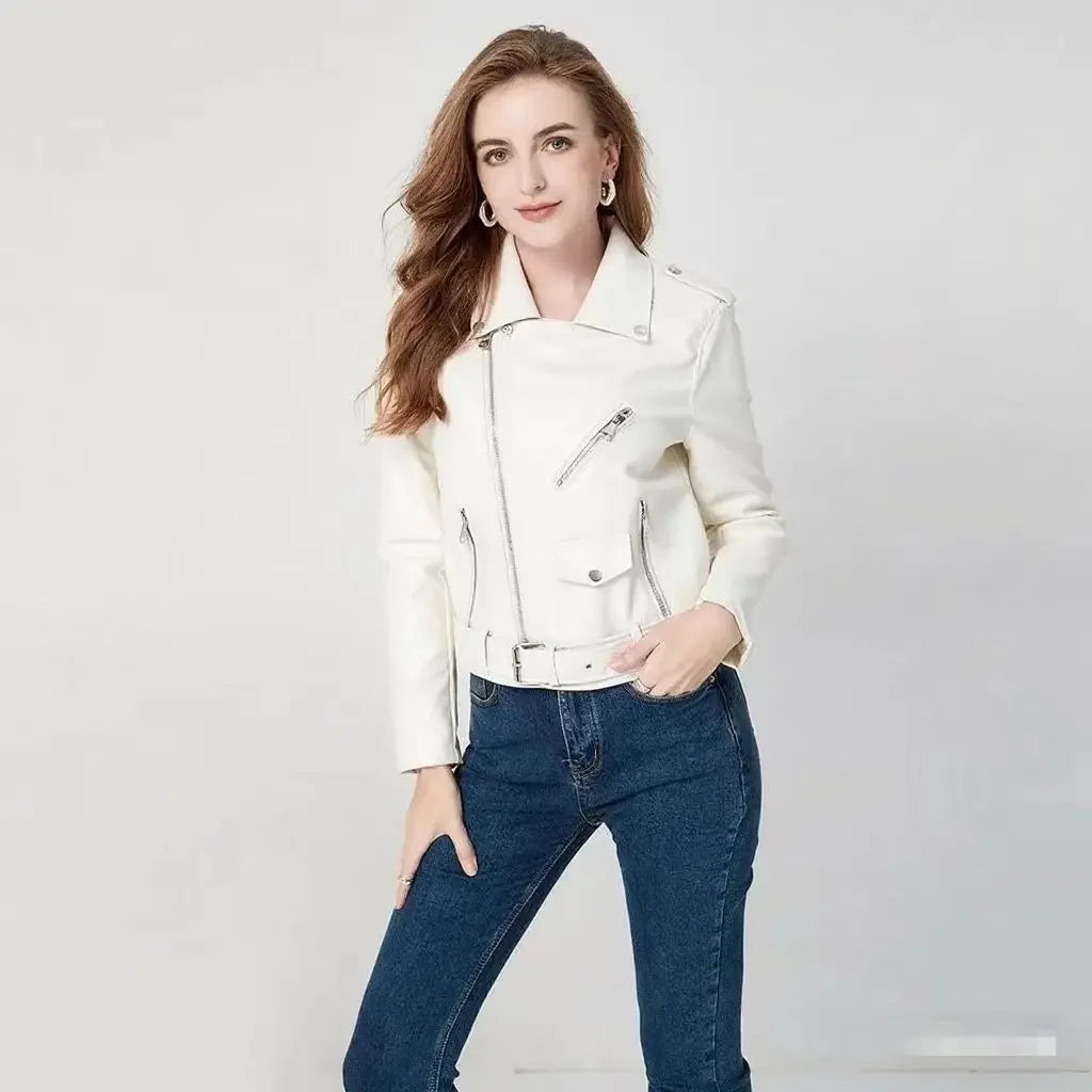 Damen-PU-Lederjacke, schmale Passform, Motorrad, gewaschener Reißverschluss, Oberteil, Herbst-Winter, modische Oberbekleidung, lässiger Stil, volle Ärmel