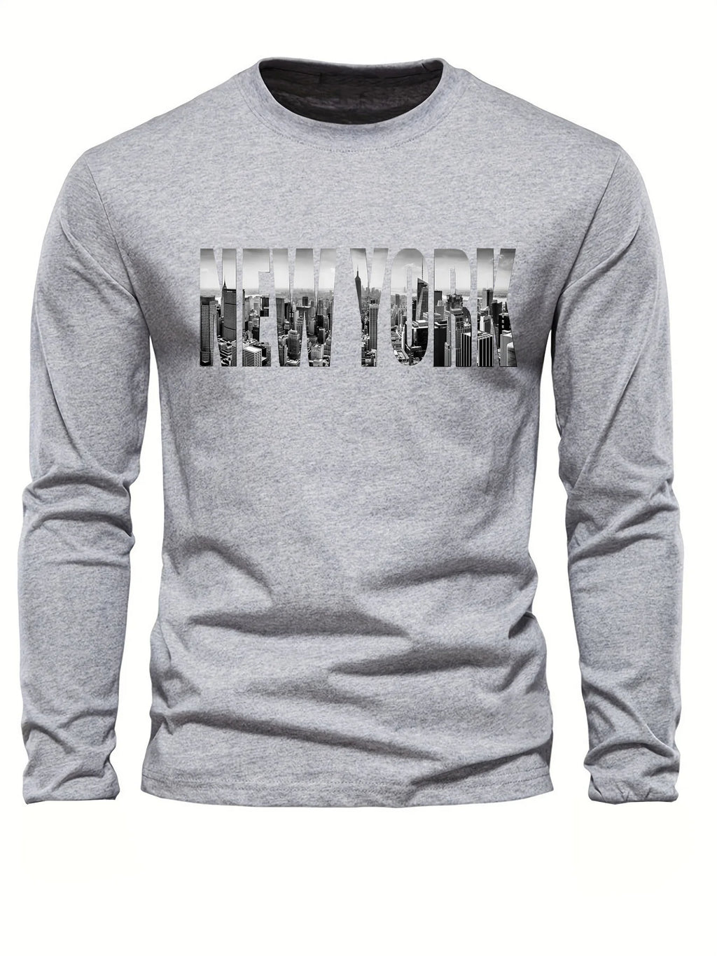 Men's 100% pure cotton loose fit plus size comfortable casual sports New York letter printed round neck long sleeved T-shirt top