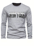 Men's 100% pure cotton loose fit plus size comfortable casual sports New York letter printed round neck long sleeved T-shirt top