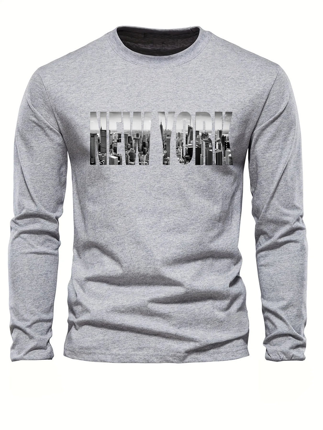Men's 100% pure cotton loose fit plus size comfortable casual sports New York letter printed round neck long sleeved T-shirt top
