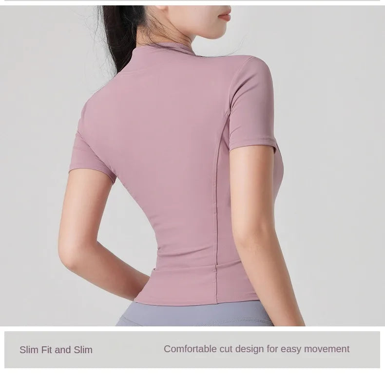 Woman yoga Jacket High Elastic Yoga Short Sleeve Coat Stand Collar Tight Sports Coat Naked Fitness Short Sleeve Female