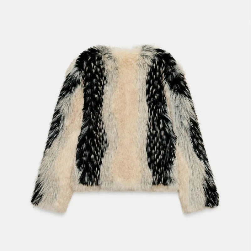 LEOSOXS Stilvolle Kontrast Faux Pelz Frauen Mantel Elegante Oansatz Einreiher Y2K Volle Hülse Weibliche Mäntel Winter Chic Dame Jacke