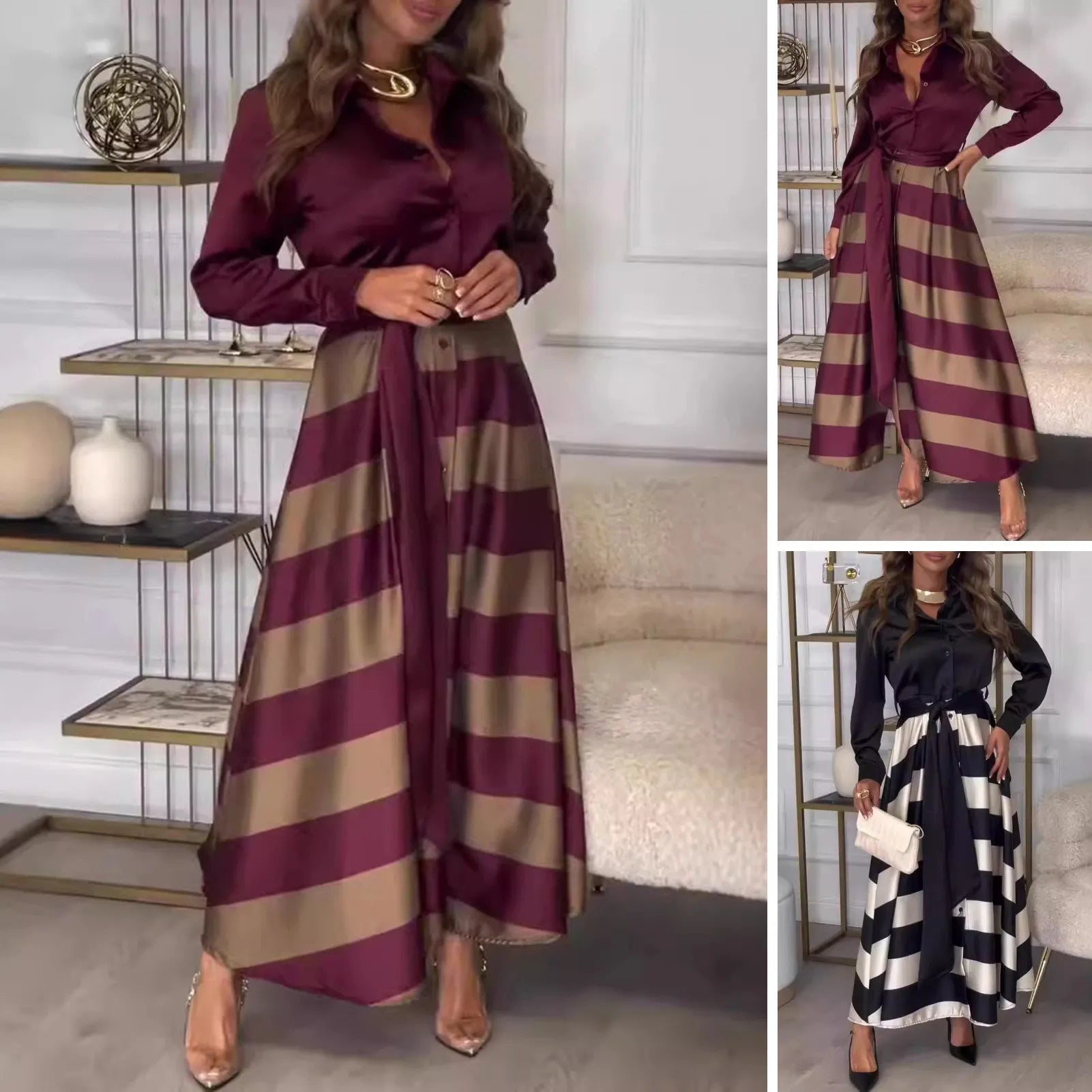 Elegant Women's Long Dress Flower Retro Printed Patchwork Long Sleeve Banquet Maxi Robe S-5XL