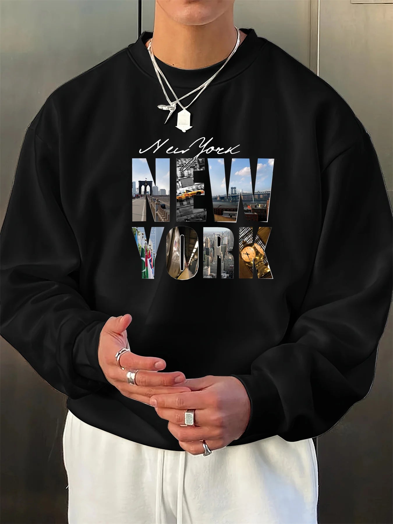 Men's autumn and winter fashionable casual loose New York City graphic printed long sleeved round neck sweatshirt