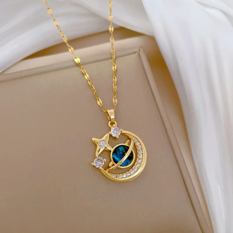 Licht Luxus Titan Stahl Stern Serie Halskette für Frauen Gold Farbe Planet Mond Astronaut Anhänger Halsketten Schmuck Geschenke
