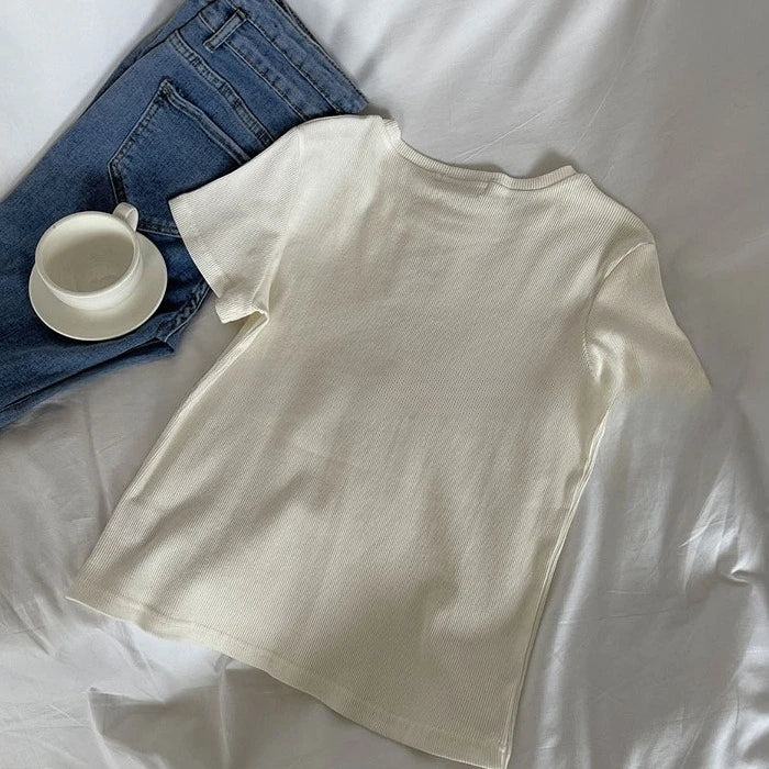 Damen T-Shirt mit Rundhalsausschnitt, Kurzarm, Koreanischer Stil, Mehrfarbig, Basic, Slim Fit Oberteil