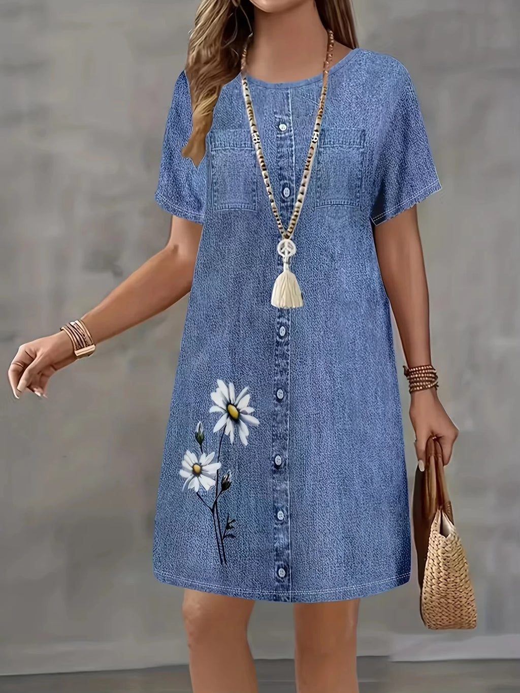 Damen Daisy 3D-Print Faux-Denim Midikleid Sommer Lässiges Kurzarm-Kleid mit Fake-Knopfleiste A-Linie Fließendes Sommerkleid für Strandurlaub