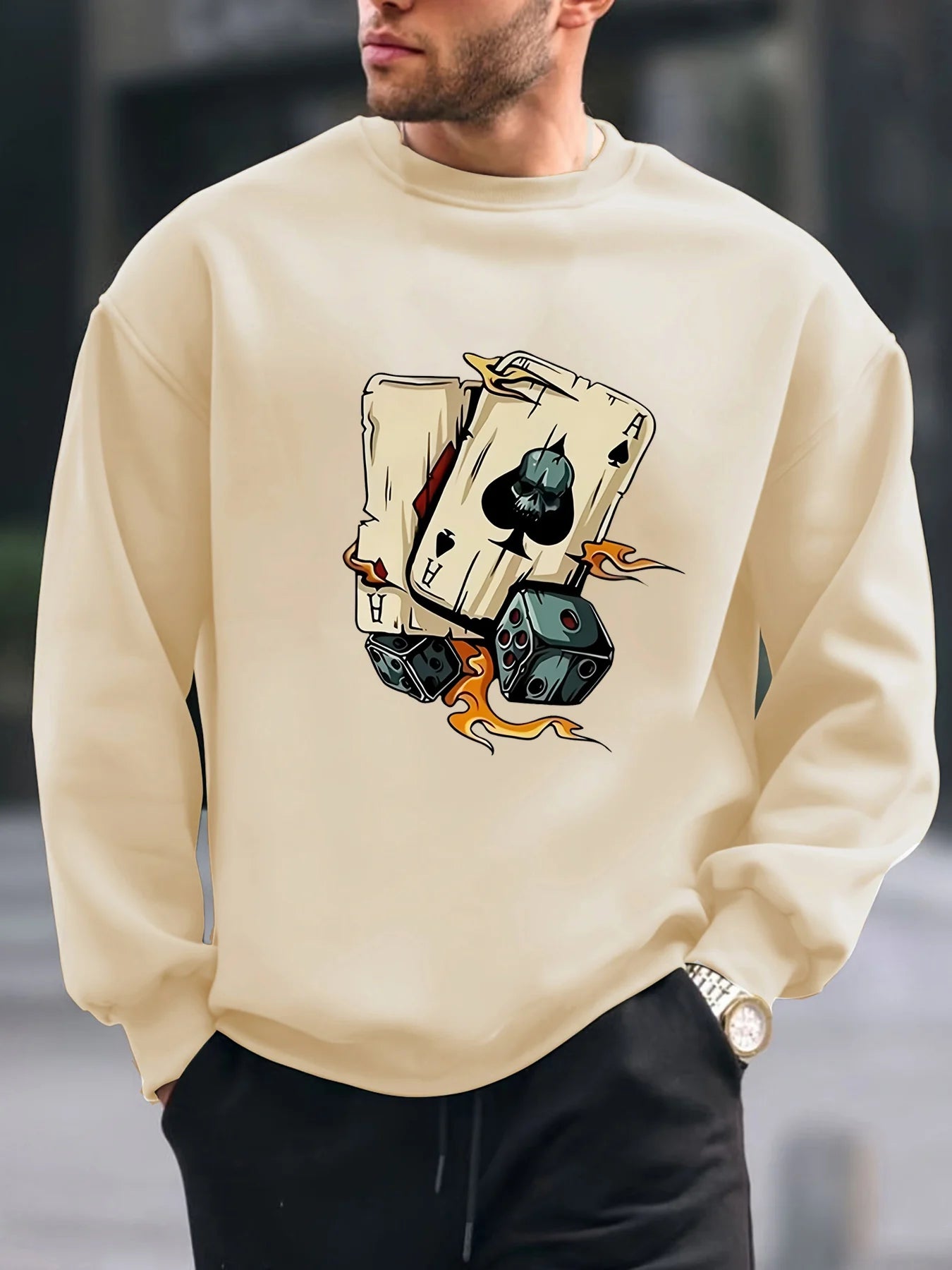 Men's autumn and winter fashionable casual loose poker and dice graphic printed long sleeved round neck sweatshirt
