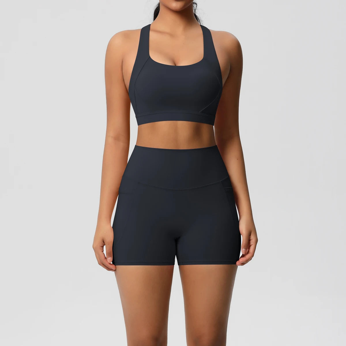 2PCS Sportswear Mit Taschen Yoga Set Gymnastik Kleidung Yoga Anzüge Für Frauen Trainingsanzüge Sport Shorts Crossover Bh Gym Leggings
