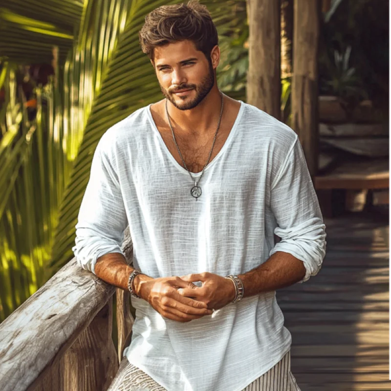 Basic-Leinenhemd für Herren mit V-Ausschnitt, langärmelig, atmungsaktiv, bequem, lässig, Sommer, schmale Passform, Knopfhemd für Herren, Übergröße erhältlich