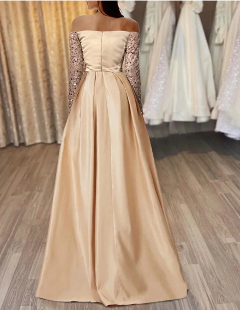 Langärmliges, glitzerndes Pailletten-Abendkleid 2026, formelles Party-Dinner, Bankett, Host-Kleider, elegantes, schulterfreies, bodenlanges Kleid