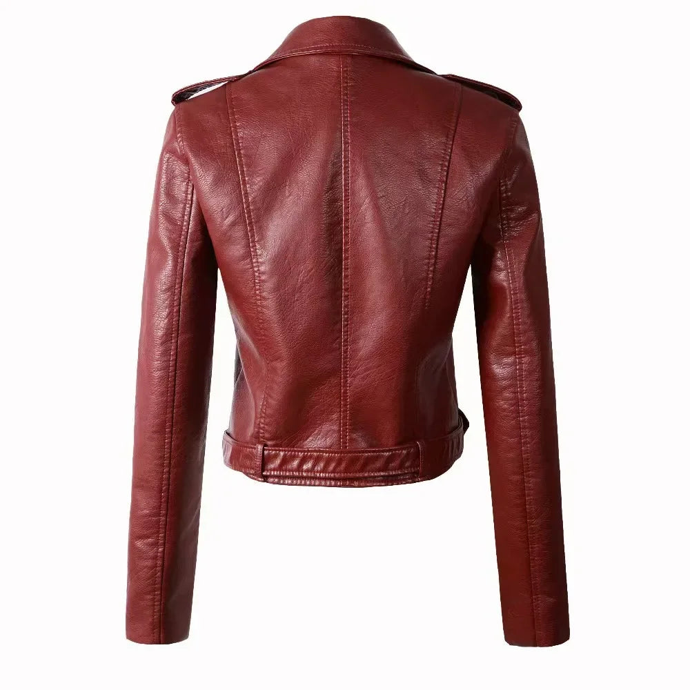 Women's PU Leather Jacket Slim Fit Motorcycle Washed Zipper Top Autumn Winter Fashion Outerwear Casual Style Full Sleeve