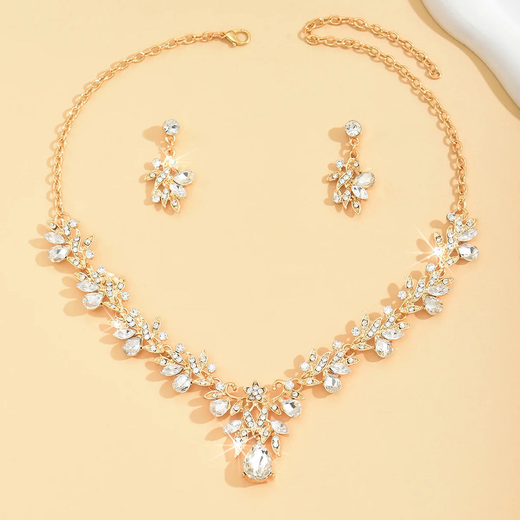 Modisches, funkelndes Blatt-Wassertropfen-Schmuckset für Damen, leichter Luxus-Stil, wunderschöner und eleganter Schmuck
