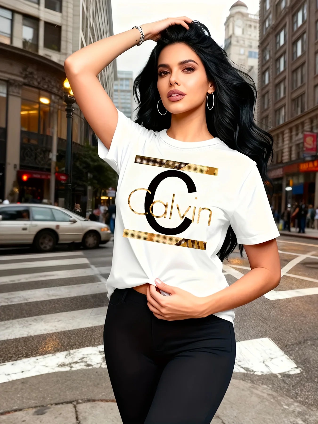 Calvin Buchstaben-Print Damen-T-Shirt - Goldgrafik Grünes Casual-Oberteil