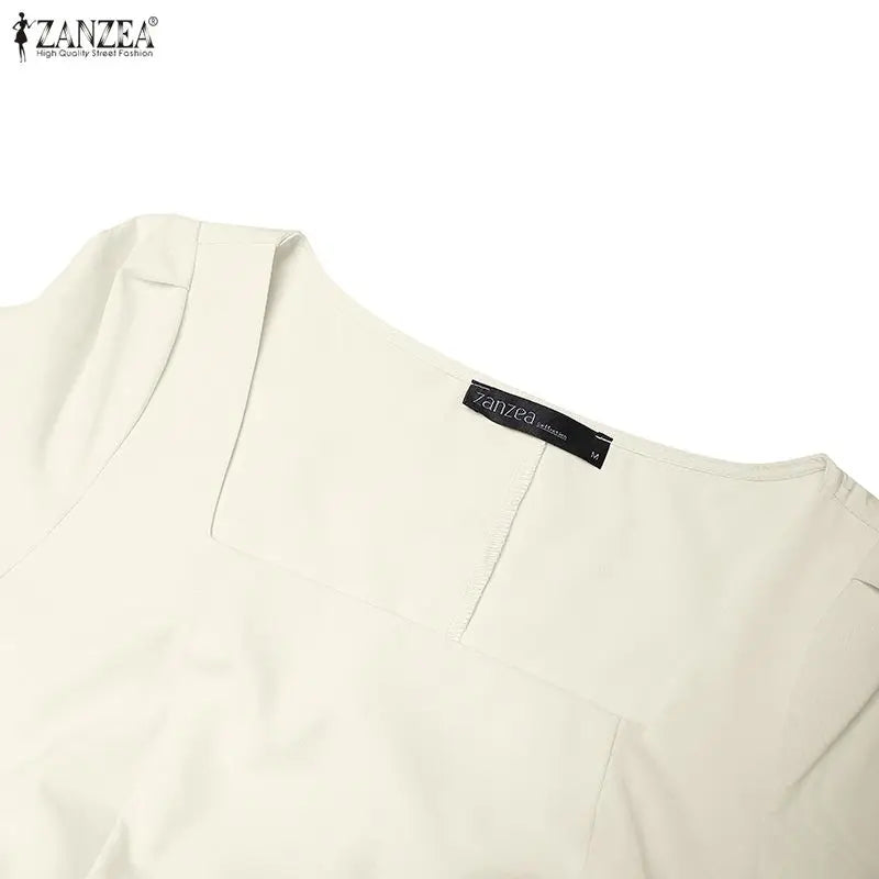 ZANZEA Damen-Maxikleid im französischen Stil, elegant, für den Sommer, quadratischer Ausschnitt, kurze Ärmel, geraffte Taille, A-Linien-Kleider, Urlaub, Tag-und-Nacht-Kleid