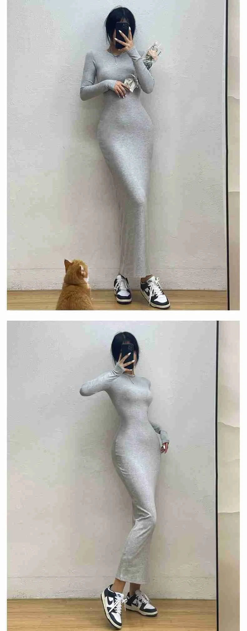 WOMENGAGA Einfache Maxi Langes Kleid Rundhals Langarm Enge Dünne Maxi Kleider Elegante Mode Koreanische Frauen Robe DEH8
