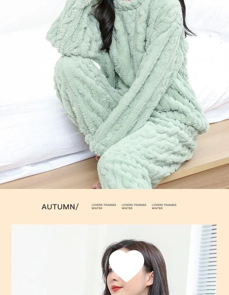 Verdickte Korallen Fleece Pyjama Set frauen Winter Hause Kleidung Nachtwäsche Samt Material Warme Gemütliche Winter Neue Ankunft