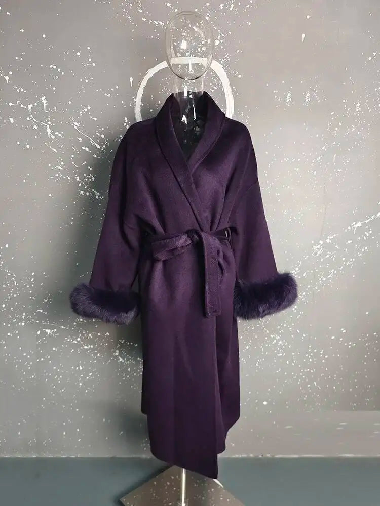 UCXQ Elegant OL Office Lady Overcoats Fur Patchwork Long Sleeve Woolen Coat Beautiful Women's Clothing Jacket Autumn 2025 Winter