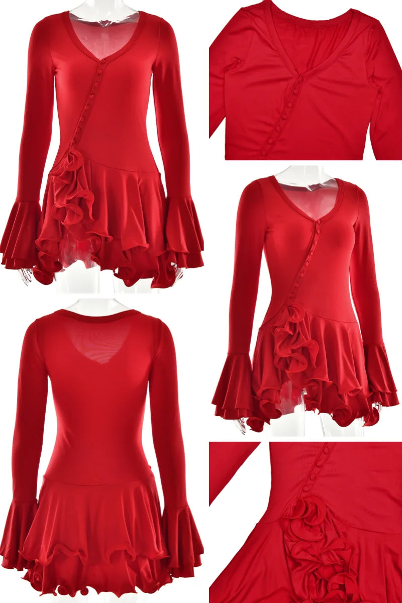 Absobe Damen A-Linie, figurbetontes Minikleid, Rüschensaum, V-Ausschnitt, asymmetrische Knöpfe, lange Ärmel, kurzes Kleid, Party, Streetwear, Outfits
