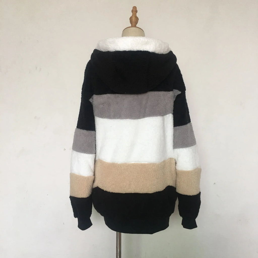 Warm Fleece Oversized Hooded Jacket Women's Autumn Winter Thickened Zipper Pocket Patchwork Clothing Comfortable Sweatshirt