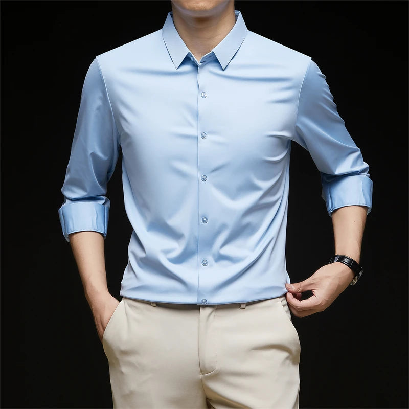 Neues, langärmliges, einfarbiges Business-Casual-Hemd für Herren, knitterfrei, knitterfrei, bequem, vielseitiges Oberteil für die ganze Saison