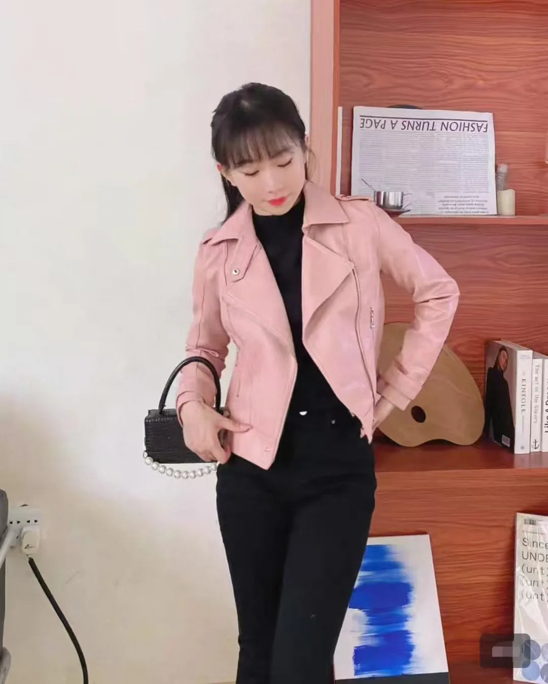 Fashionable Red PU Leather Jacket Women's Short Coat Stand Collar Spring Autumn Thin Style Artistic Retro Fit Sleeve Long