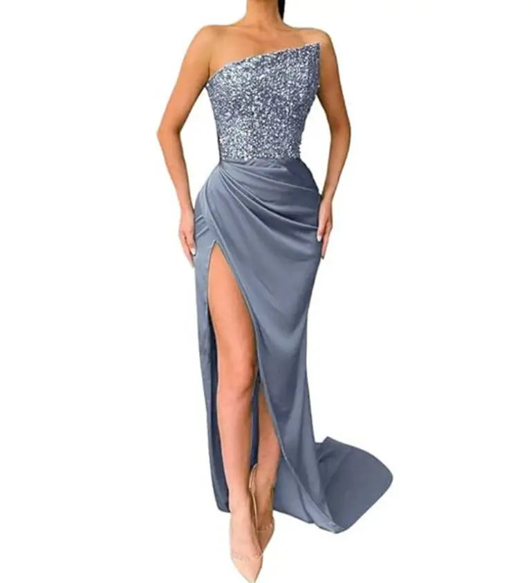 Frühjahr/Sommer Neue Pailletten Ärmellose Mode Eingewickelt Brust Einfarbig Split Slim Fit Kleid Für Frauen, 7 Farben