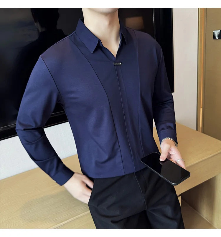 Men Long Sleeved Polo Shirt 2024 Autumn British Style Solid Casual Elastic Slim Fit T-shirt Formal Dress Polo Shirt Men Clothing