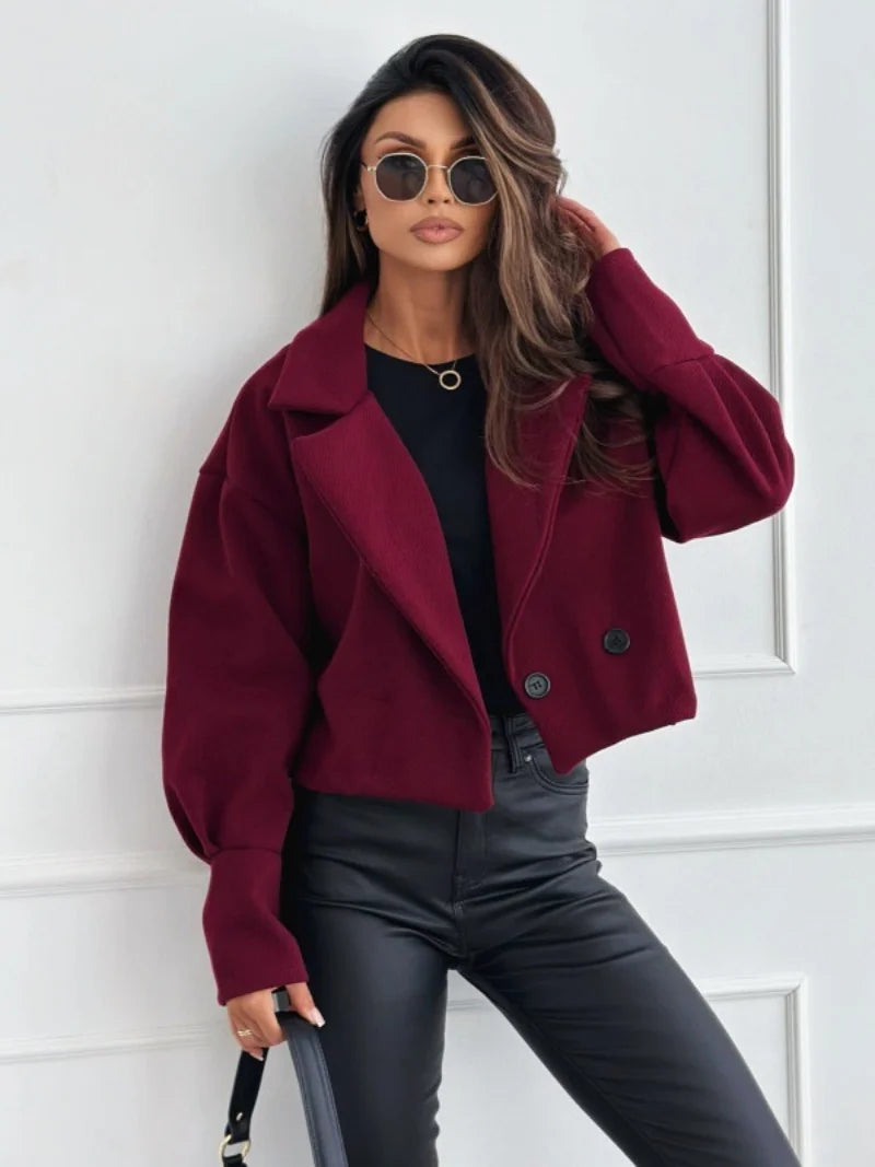 Damen-Doppelreihiger Kurzmantel aus Wolle, lässige Jacke mit Reverskragen für den Alltag im Herbst und Winter