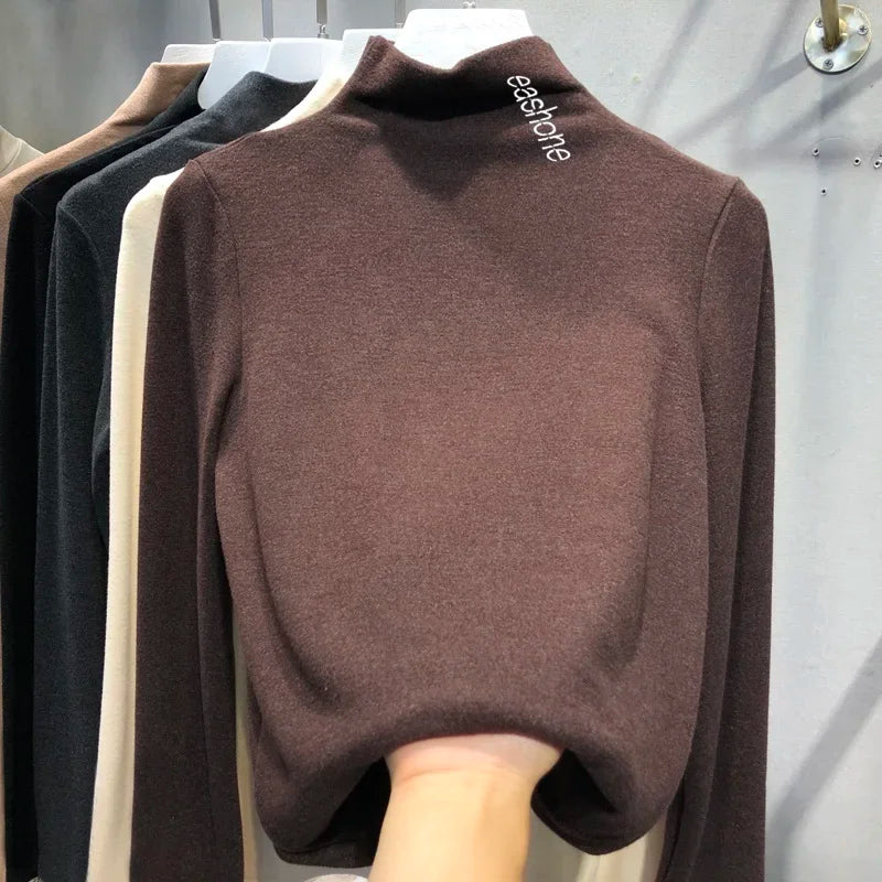 Harajuku half turtleneck Casual slim fleece Thick bottoming T-shirt autumn winter velvet Long Sleeve solid T Shirt Women y2k Top