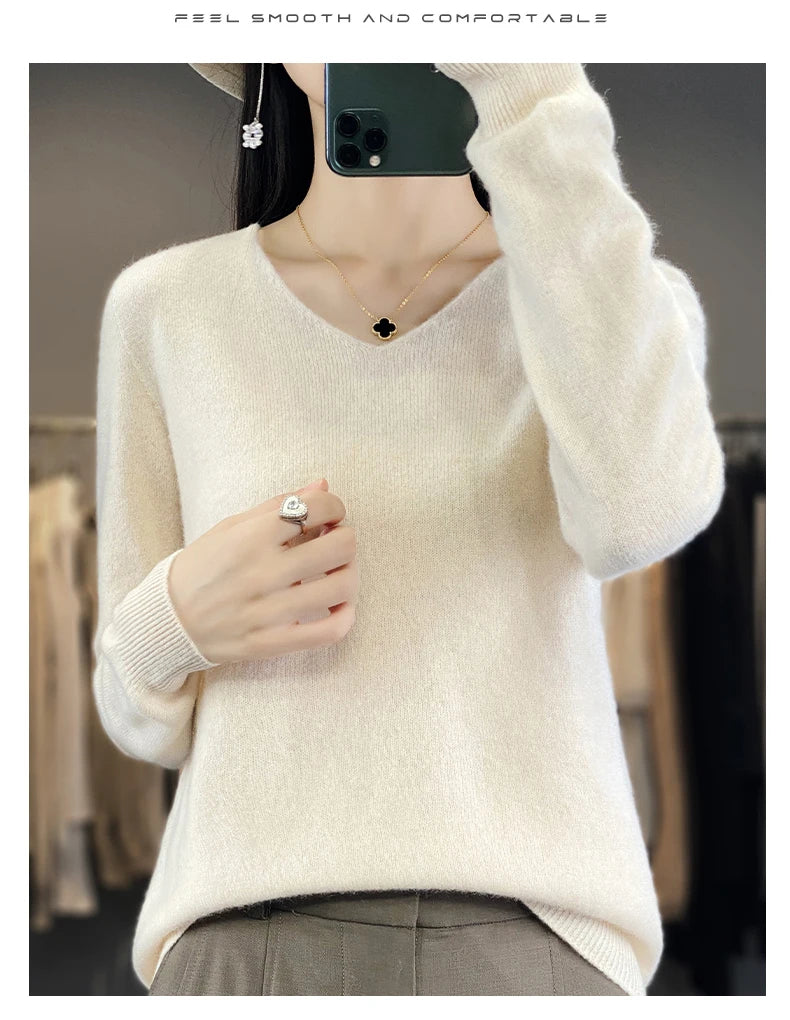 Frauen 100% Merinowolle Pullover V-Ausschnitt Basic Pullover Herbst Winter Kaschmir Kleidung Langarm weiche Strickwaren Tops einfarbig