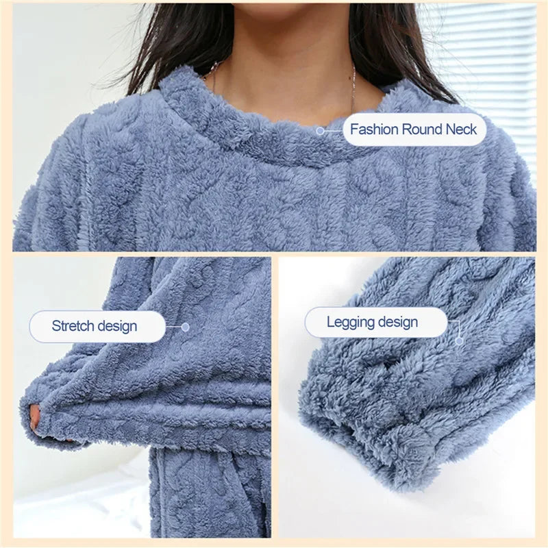 Winter Frauen Pyjamas Set Korallen Samt Flauschigen Homewear Verdickt Zwei Stück Loungewear O Neck Nachtwäsche Weiche Warme Freizeit Anzug