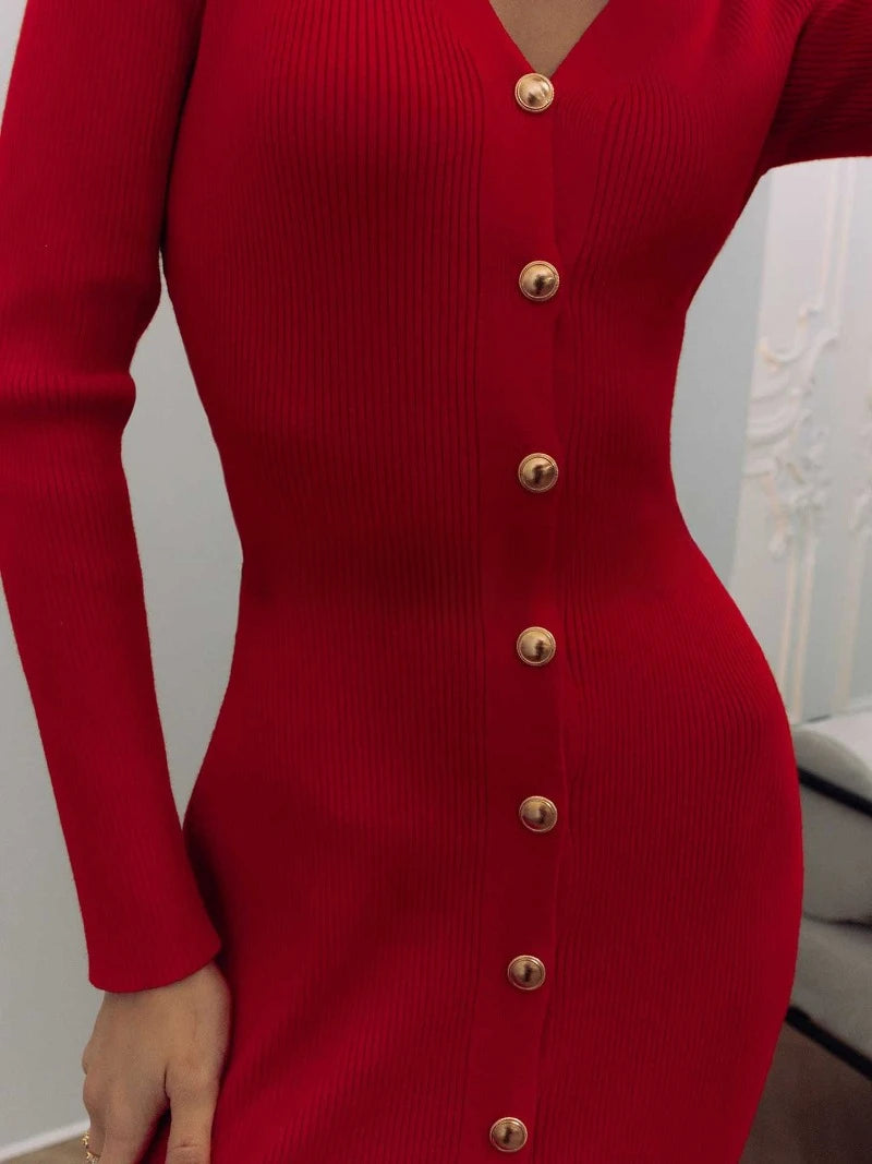 Trendix Elegantes Abendkleid für Damen, V-Ausschnitt, lange Ärmel, Patchwork, Knopf, Schlitz, Pullover, Kleider, 2024, Herbst und Winter, gestricktes Maxikleid