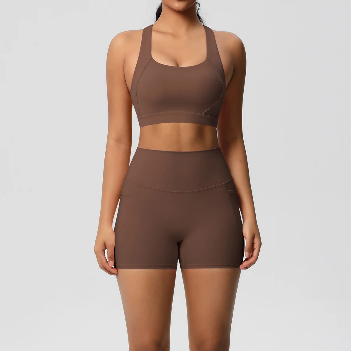 2PCS Sportswear Mit Taschen Yoga Set Gymnastik Kleidung Yoga Anzüge Für Frauen Trainingsanzüge Sport Shorts Crossover Bh Gym Leggings