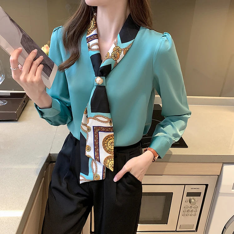 H Han Königin Frühling Chiffon Einfache Büro Dame Bluse Weibliches Hemd Bogen Tops Langarm Casual Koreanische OL Lose Blusen Frauen