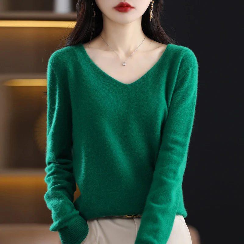 Frauen 100% Merinowolle Pullover V-Ausschnitt Basic Pullover Herbst Winter Kaschmir Kleidung Langarm weiche Strickwaren Tops einfarbig