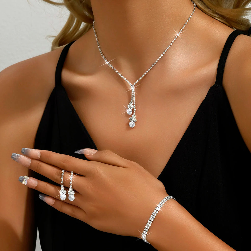 4PC Fashion Simple Copper Inlaid Rhinestone Claw Chain Necklace Earrings Bracelet Jewelry Set Women's Wedding Decoration-5273