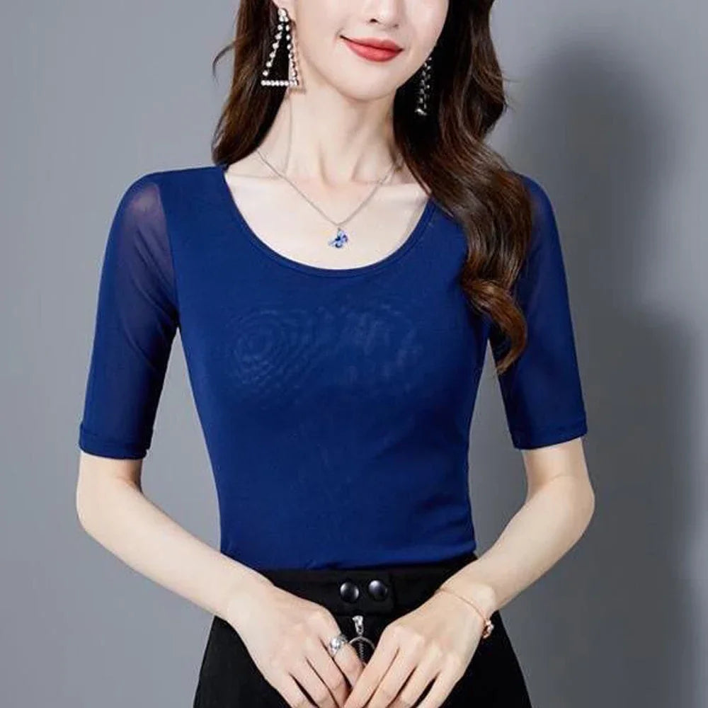S-3XL Purple Blue Red Green Shirt Women Transparent Mesh Short Sleeve O-neck Thin T shirt Half Sleeve O Neck Female Blouses Tops