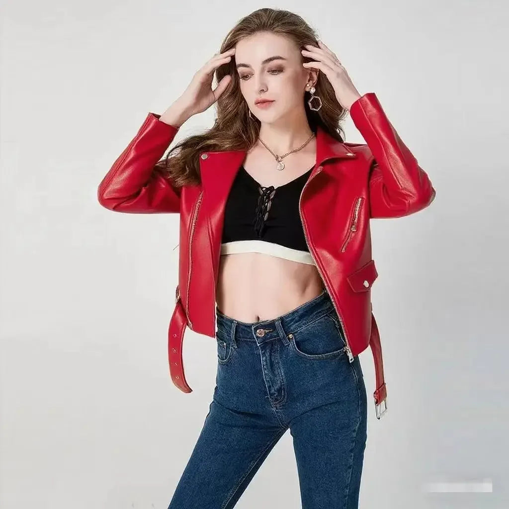 Women's PU Leather Jacket Slim Fit Motorcycle Washed Zipper Top Autumn Winter Fashion Outerwear Casual Style Full Sleeve