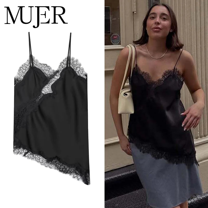 MUJER Schwarze Spitzen-Tops für Frauen, Leibchen, sexy rückenfreie Tops für Damen, 2022, Sommer, ärmellose Damen-Tops, Träger, Strand-Top, weiblich