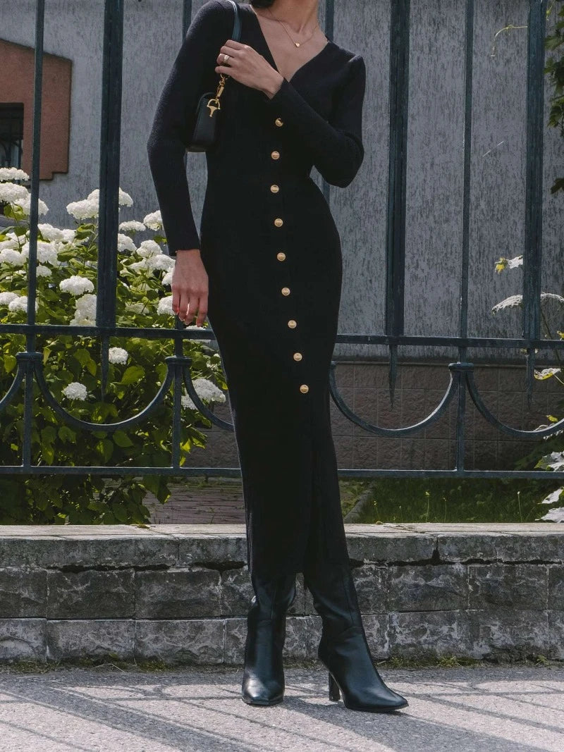Trendix Elegantes Abendkleid für Damen, V-Ausschnitt, lange Ärmel, Patchwork, Knopf, Schlitz, Pullover, Kleider, 2024, Herbst und Winter, gestricktes Maxikleid