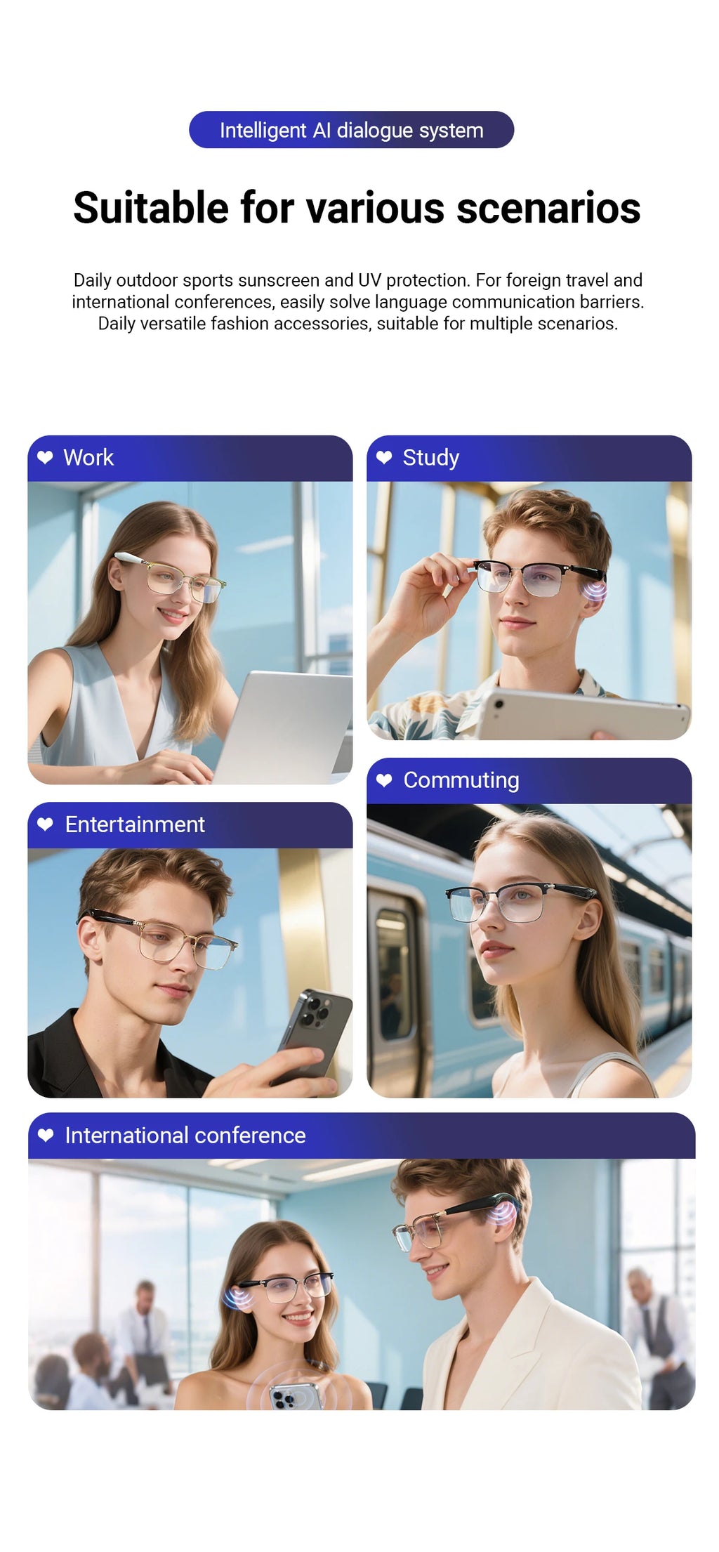 AI Simultaneous Translation Smart Wireless Bluetooth Glasses Anti-Blue Light Glasses Music Play Phone Answering Multi-functional