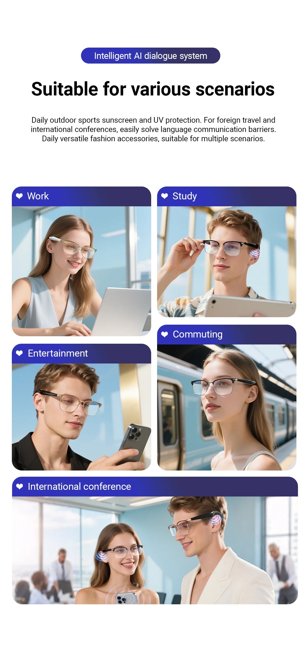 AI Simultaneous Translation Smart Wireless Bluetooth Glasses Anti-Blue Light Glasses Music Play Phone Answering Multi-functional