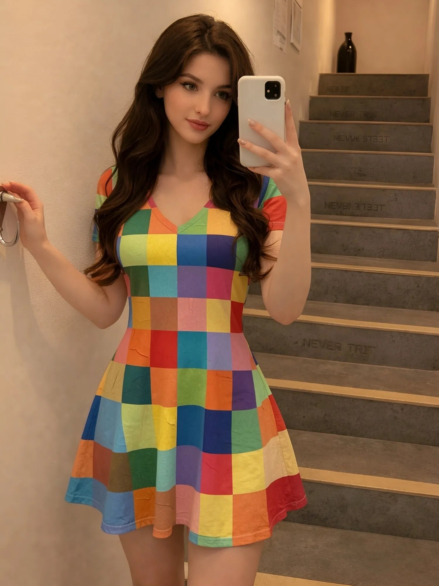 Damen-Minikleid mit V-Ausschnitt und Blumenmuster, A-Linie, Kurzarm, Lässiges Strand- und Urlaubsoutfit, Charmant, Leicht, Fließend, Hübsch, Süß, Modern, Niedlich, Frisch