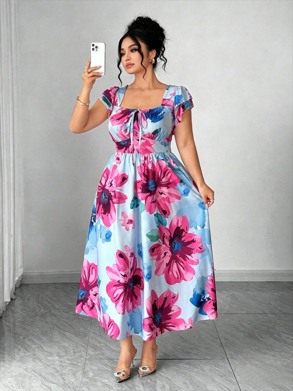 Elegantes, blau bedrucktes A-Linien-Kleid für Damen in Übergröße, schmal geschnittenes, lässiges Minikleid für den Alltag und Verabredungen