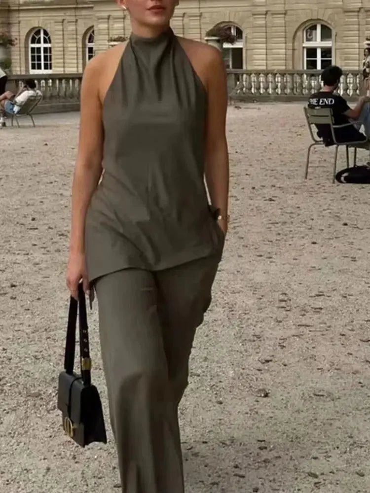 HH Frauen Vintage Solide Hose Sets Sexy Backless Halter Camis Top Asymmetrische Tank Top + Kordelzug Hosen Mode Streetwear